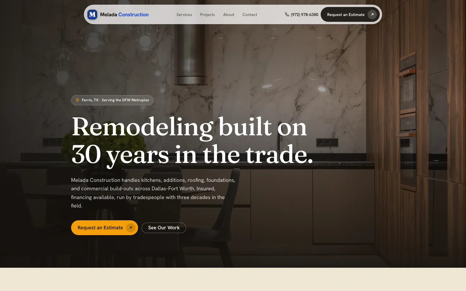 Screenshot of the Melada Construction homepage